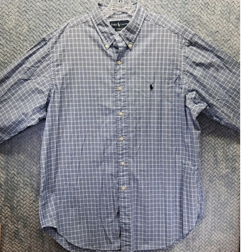Polo Ralph Lauren Mens Classic Fit Plaid Button Down Shirt Blue White 17 34/35